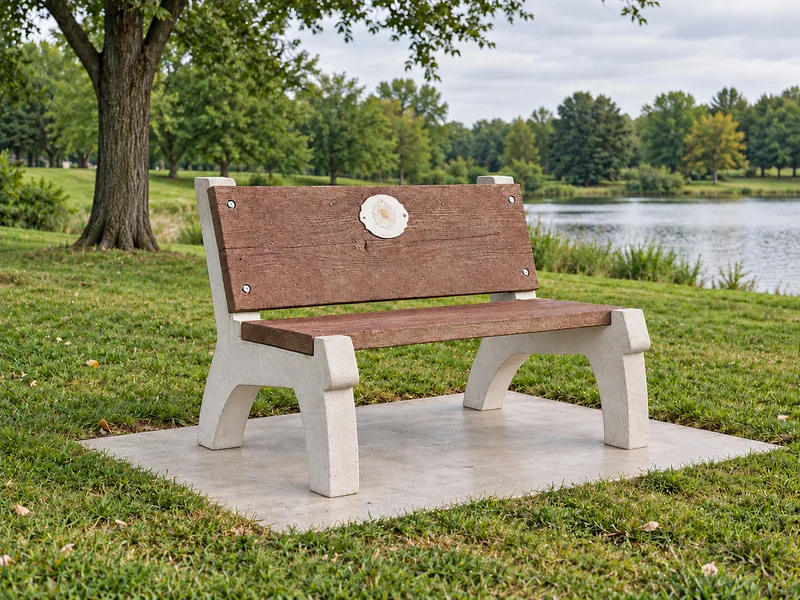 ACC memorial bench beside a lake in natural daylight